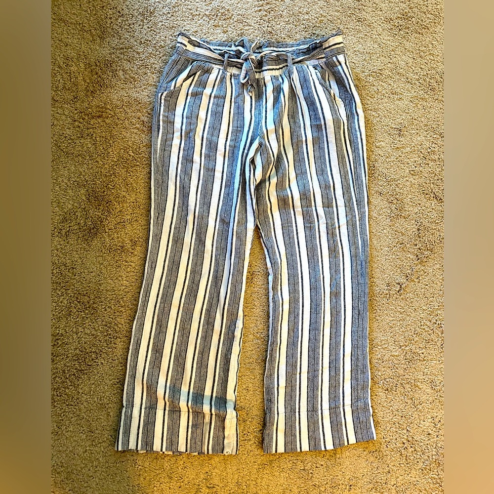 Grey and white stripe linen pants